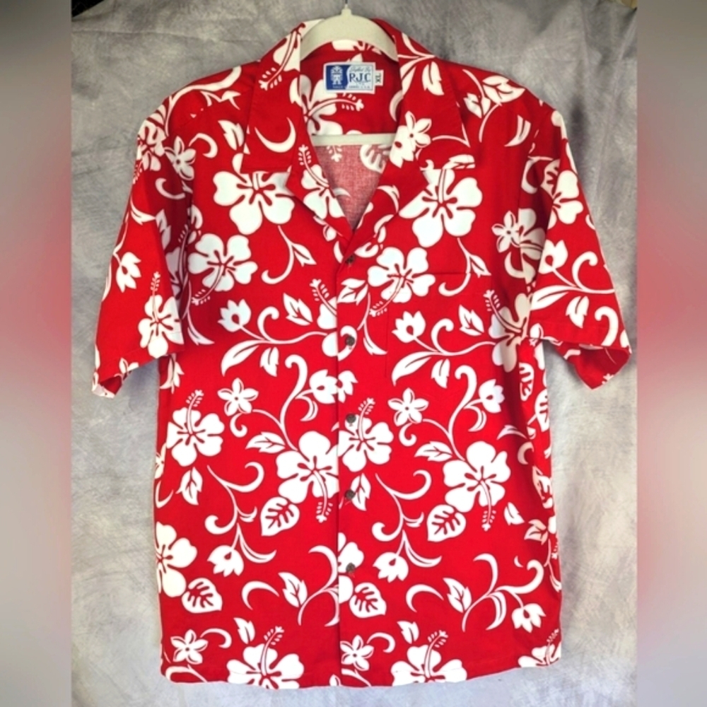 RJC Ltd. Size XL Authentic Hawaiian Button Down Shirt Red White Floral